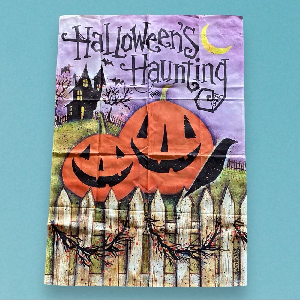 Vtg Halloween Anne Tavoletti Halloween Pumpkin Flag Banner Wall Art 39" X 28"